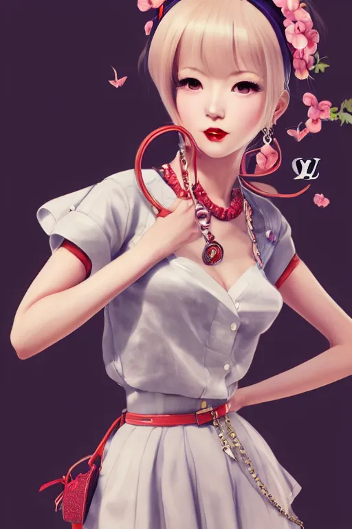 Image similar to a pin up and beautiful fashion charming dreamlke japan girl with lv jewelry, character art, art by wlop and and ilya kuvshinov, hyperdetailed, 8 k realistic, symmetrical, frostbite 3 engine, cryengine, dof, trending on artstation, digital art