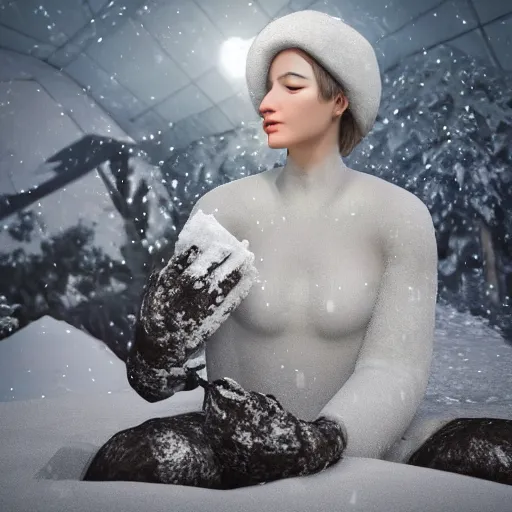 Image similar to a beautiful woman made out of snow and ice sitting by a campfire and slowly melting, by iris van herpen, unreal engine 5, outdoor campfire pit