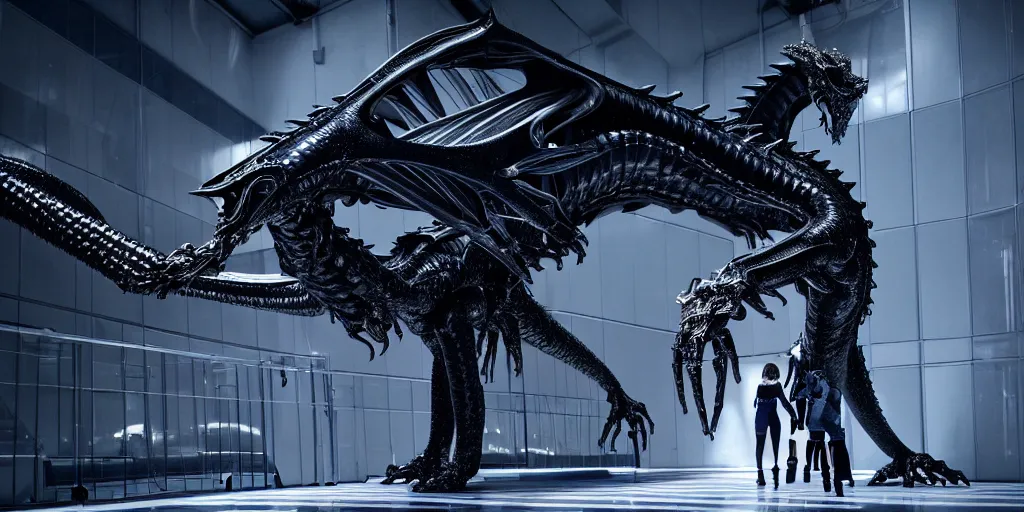 Image similar to star base, walking down the catwalk, stage, vogue photo, podium, fashion show photo, iris van herpen, beautiful woman, perfect body, full body shot, legendary dragon, inflateble shapes, masterpiece, guyver, giger, biomechanical details, denis villeneuve, movie still, cinestill, bokeh, artstation