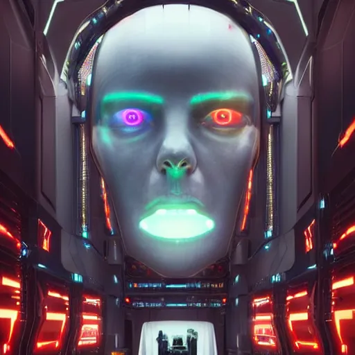 Image similar to professional painting of monumental conscious supercomputer with huge - cybernetic - face!!!! in the center of endless colossal room talking with small people, trending on artstation, cyberpunk, sci - fi, futuristic, by greg rutkowski and maciej kuciara, high quality