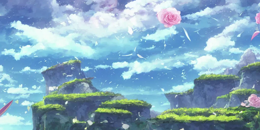 Prompt: background art of flying longswords flowing and floating through the slicing through directional wind on a simple cloudy sky background featuring a canyon bridge, big puffy clouds, large individual rose petals, angular background elements, polygonal fragments, anime, studio ghibli, artgerm, manga, trending on artstation, art nouveau, mature color scheme