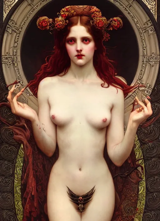 Image similar to majestic demonic succubus porcelain skin girl movie poster, art style by edmund leighton, tom bagshaw, alphonse mucha, exquisite digital art, iconic, masterpiece, organic painting, photorealistic, ornate and hyper detailed