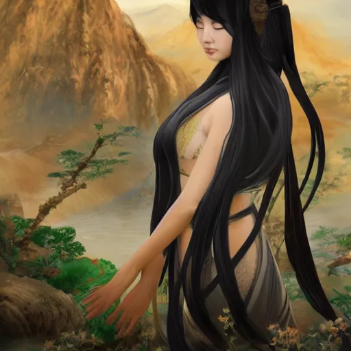 Image similar to ancient chinese princess, standing in an oasis in the desert, elegant, anime, long black hair, oil painting, smooth, artstation, concept art