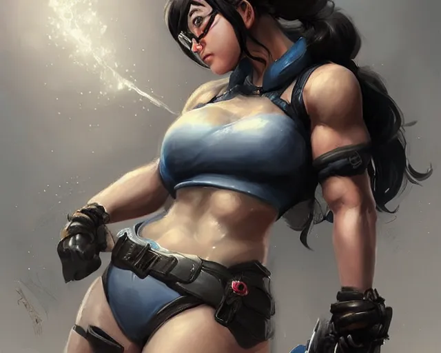 Image similar to portrait of mei from overwatch as a beautiful female bodybuilder amazon with plump lips, elegant, fantasy, hd shot, digital portrait, beautiful, artstation, comic style, by artgerm, guy denning, jakub rozalski, magali villeneuve and charlie bowater