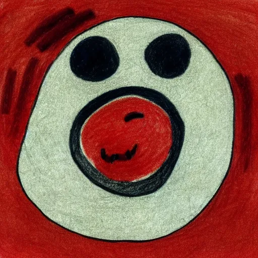 Image similar to primitive drawing of smiling circle face with red eyes thumb up. Сhild drawing picture