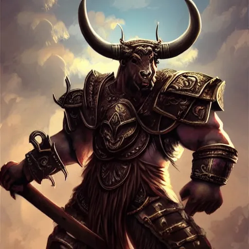 Image similar to epic bull headed minotaur beast in heavy ornate armor wielding giant axe, artwork, concept art, greek mythology, modern design, dark fantasy, digital painting, artstation, d&d