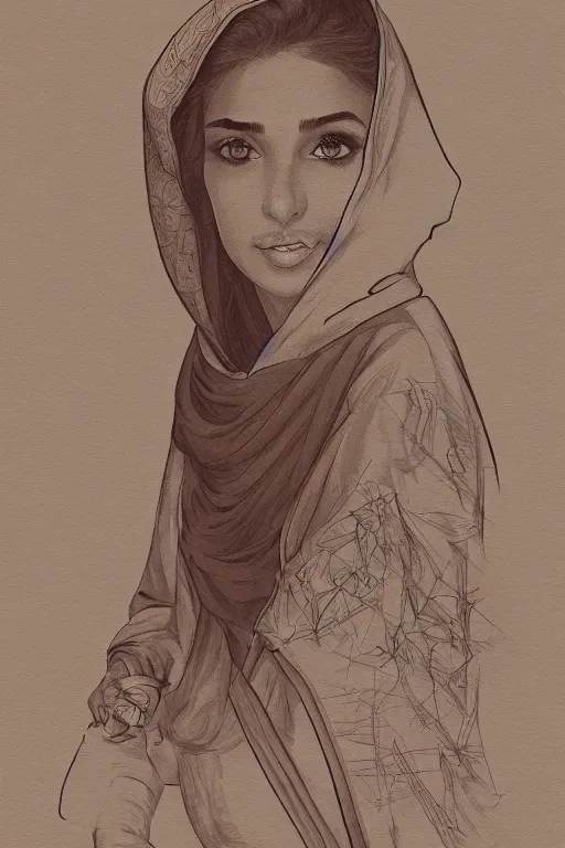 Prompt: short brown hair arab spanish shy young woman in beige hoodie, Diwani calligrapher using bamboo pen, cinematic lighting, hyper-detailed, cgsociety, trending on artstation, high resolution, in the style of Elena Masci, by John Samuel Agar