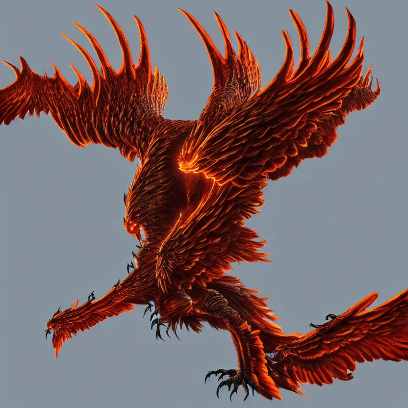 Image similar to Intricate detailed photo of dramatic phoenix bird with spread wings by James Gurney, unreal engine, Trending on artstation.