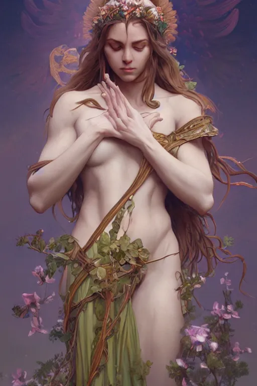 Image similar to goddess of nature, accurate anatomy, only two hands, highly detailed, digital painting, artstation, concept art, smooth, sharp focus, illustration, Unreal Engine 5, 8K, art by ross tran and greg rutkowski and alphonse mucha and pro fitness photograph