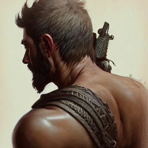 Image similar to back portrait of a rugged ranger, full body, hairy torso, D&D, fantasy, intricate, elegant, highly detailed, digital painting, artstation, concept art, matte, sharp focus, illustration, art by Artgerm and Greg Rutkowski and Alphonse Mucha