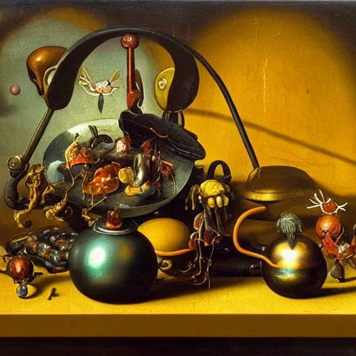 Image similar to disturbing colorful oil painting dutch golden age vanitas still life with bizarre mechanical objects strange gooey surfaces shiny metal bizarre mutant insects rachel ruysch dali todd schorr very detailed perfect composition rule of thirds masterpiece canon 5 0 mm, cinematic lighting, photography, retro, film, kodachrome