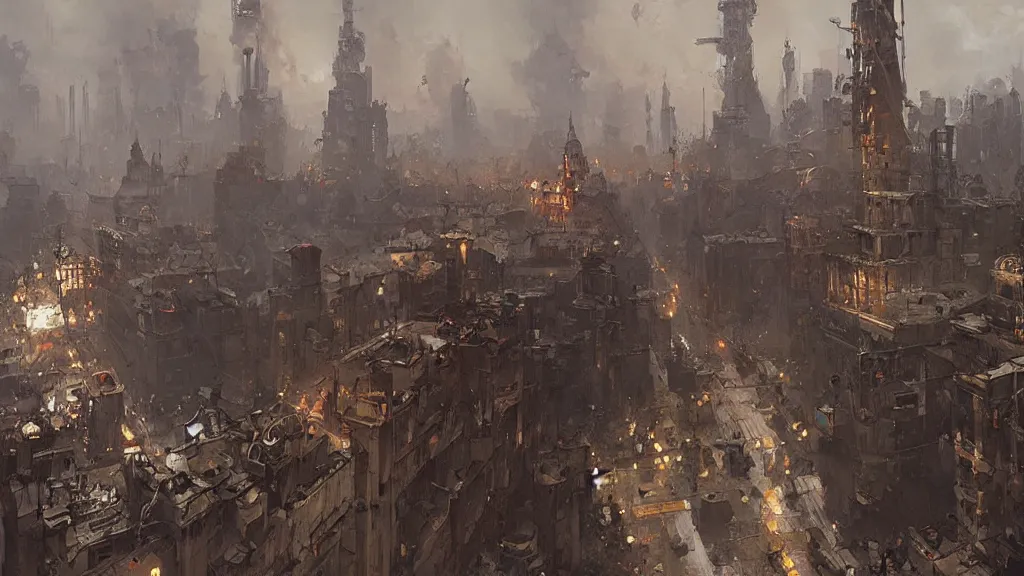 Image similar to russian revolution dieselpunk 1 9 1 0 cityscape, painting by greg rutkowski, craig mullins, levitan, rozalski