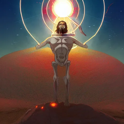 Image similar to Jesus Christ as skeleton inside an epicenter of a thermonuclear blast standing on the Earth sphere with radioactive rays to the sides, Video game icon design , 2d game fanart behance hd by Jesper Ejsing, by RHADS, Makoto Shinkai and Lois van baarle, ilya kuvshinov, rossdraws global illumination