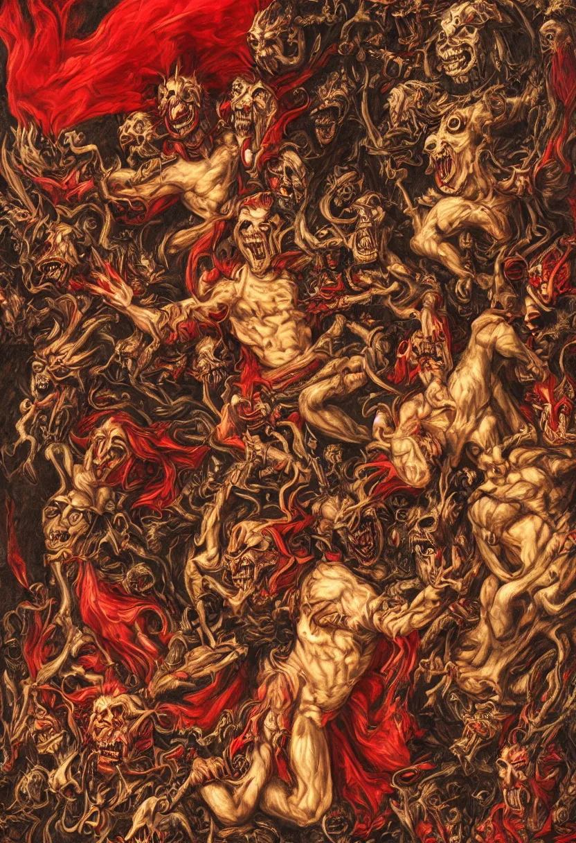 Image similar to alpine herpes of world domination, sun god, death god, hell, smile, monster teeth covered in red, dark and mysterious, full body, rococo, cinematic, epic, very detailed, full body