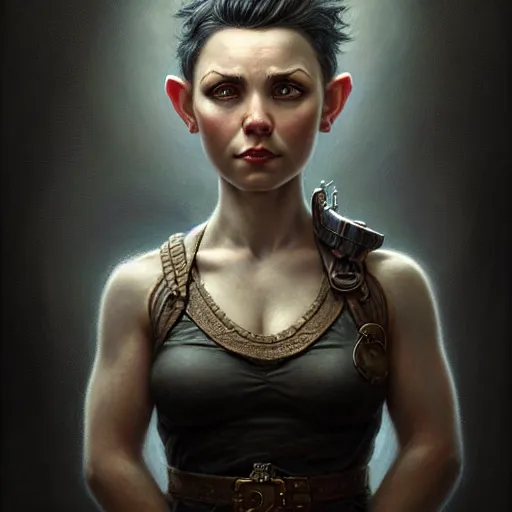 Prompt: portrait of a beautiful cute strong brave realistic! female gnome engineer, textured short black hair shaved undercut, d & d, micro detail, intricate, elegant, highly detailed, centered, rule of thirds, artstation, sharp focus, illustration, artgerm, tomasz alen kopera, donato giancola, wlop