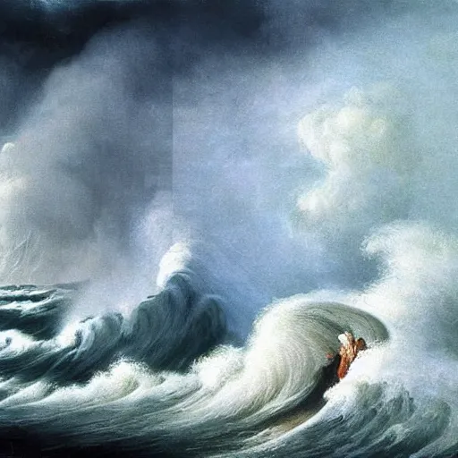 Prompt: Epic romanticism painting of the biggest wave of all time, dramatic lighting, epic