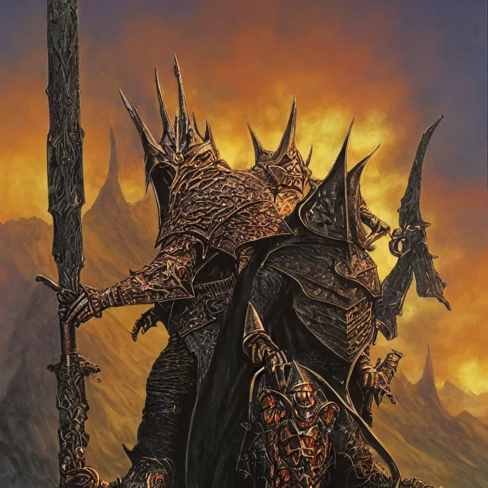 Prompt: the witch king of angmar in copper armor, by michael whelan, front profile, fantasy art