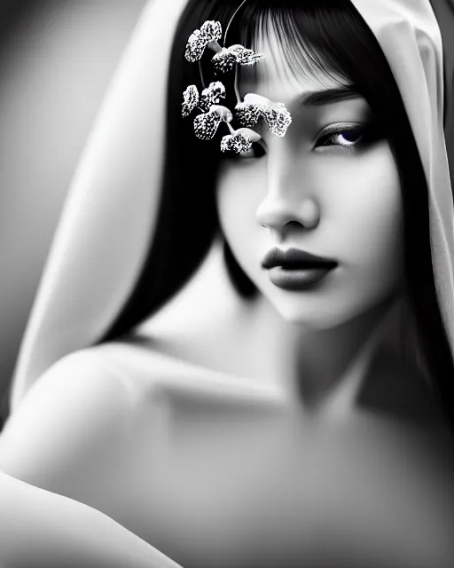 Prompt: black and white dreamy young beautiful veiled female artificial intelligence, realistic orchids ornament in the face, long hair are intricate with highly detailed realistic orchids, cinematic, rim light, bokeh, photo - realistic, elegant, high detail, 8 k, masterpiece, photo taken in 1 9 3 0