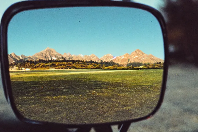 Image similar to film color photography, close-up mirror that reflected red at the green lawn, no focus, mountains in distance, 35mm