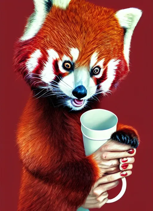 Image similar to red panda, paper cup, red hair young pale girl, fantasy, surreal, highly detailed, digital painting, artstation, concept art, illustration, art by patrick james woodroffe