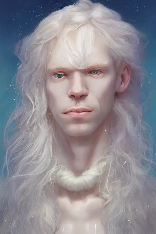 Image similar to prompt portrait of a beautiful androgynous blond man, albino pale white skin and long fluffy curly blond hair, Center parted curtain bangs, close up view, head and upper body, looking upward, fullface, light from above, by Peter Mohrbacher, trending on artstation, 8k