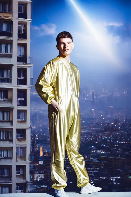 Image similar to un ultra high definition studio quality photographic art portrait of a young man standing on the rooftop of a british apartment building wearing soft baggy inflatable padded iridescent pearlescent jumpsuit. three point light. extremely detailed. golden ratio, ray tracing, volumetric light, shallow depth of field. set dressed.