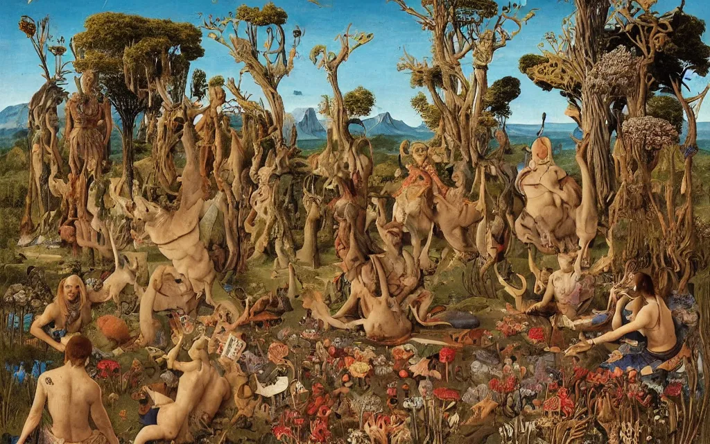 Image similar to a portrait photograph of a meditating centaur shaman and a flayed monk feeding mermaids at a wide river delta. surrounded by bulbous flowers, animals and a few trees. mountain range under a vast blue sky of burning stars. painted by jan van eyck, max ernst, ernst haeckel, ernst fuchs and artgerm, trending on cgsociety