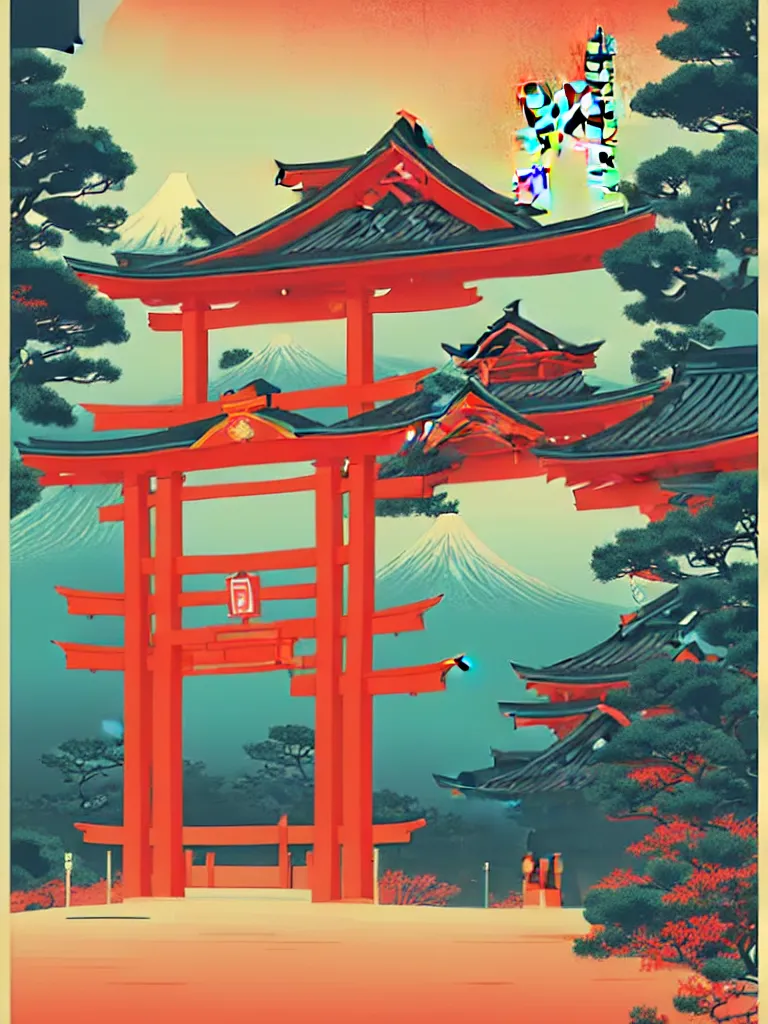 Image similar to a travel to japan poster illustration depicting a japanese torii gate, vintage style, detailed illustration, digital painting, vector art, trending on artstration, by anton fadeev, by alena aenami