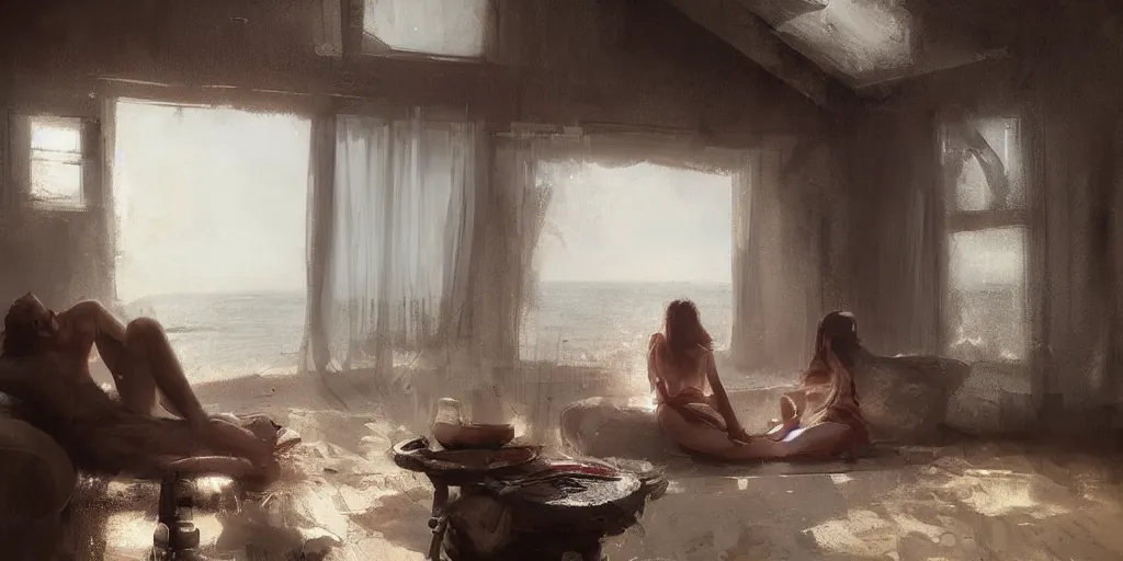 Image similar to a man cuddling his wife in their house by the beach, by greg rutkowski, trending on artstation