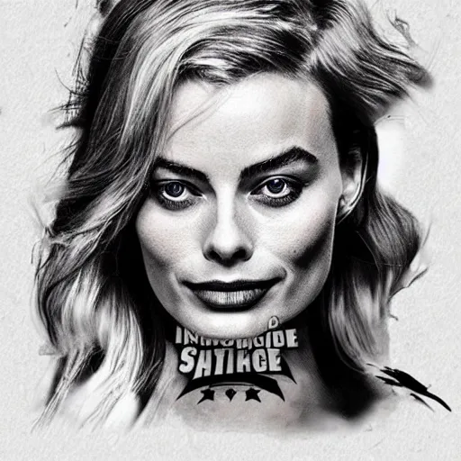 Image similar to tattoo design sketch with double exposure effect, margot robbie face and beautiful mountain scenery, in the style of matteo pasqualin, amazing detail