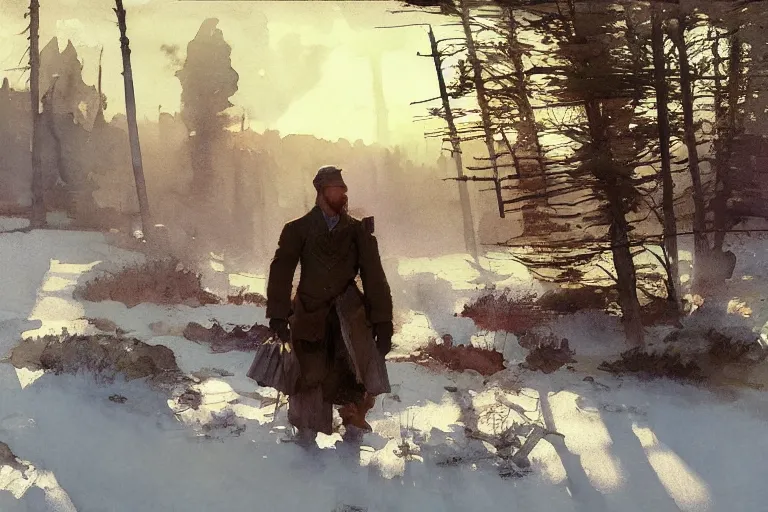 Prompt: watercolor painting of winter meadow, ambient lighting, dust, art by anders zorn and winslow homer, wonderful masterpiece by greg rutkowski, cinematic light, american romanticism by greg manchess, creation by tyler edlin