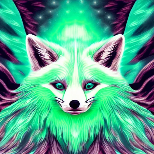 Prompt: digital minty green and white fox, retrowave palette, digital world, highly detailed, electric breeze, anatomically correct vulpine, synth feel, fluffy face, ear floof, flowing fur, super realism, accurate animal imagery, 4 k digital art