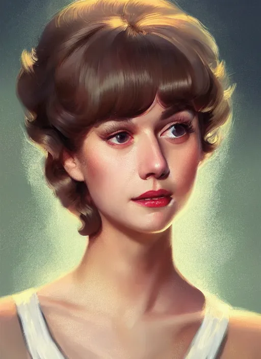 Image similar to portrait of betty cooper with fluffy bangs, bangs, 1 9 6 0 s, ponytail, curly bangs and ponytail, rounder face, intricate, elegant, glowing lights, highly detailed, digital painting, artstation, concept art, smooth, sharp focus, illustration, art by wlop, mars ravelo and greg rutkowski