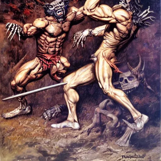 Prompt: a muscular werewolf fighting an endless army of skeletons, painting by boris vallejo, frank frazetta, and rembrandt