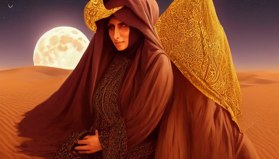 Prompt: Portrait of very very very very very very beautiful Arab woman wearing a burqa, glowing gold eyes, under giant full moon in the desert, intricate, elegant, highly detailed, digital painting, artstation, concept art, smooth, sharp focus, illustration, art by WLOP and artgerm and greg rutkowski and alphonse mucha