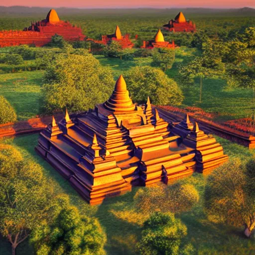 Prompt: isometric art of a buddhist bagan temple, beautiful render, golden hour, isometric