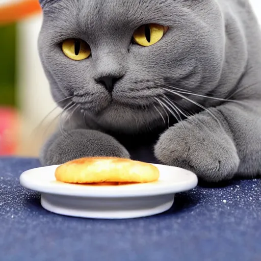 Prompt: a blue british shorthair cat eating a donut, photo,