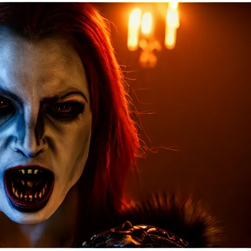 Prompt: photo of a real-life vampire warrior queen, 8k, HDR, award-winning, sharp focus, volumetric lighting,
