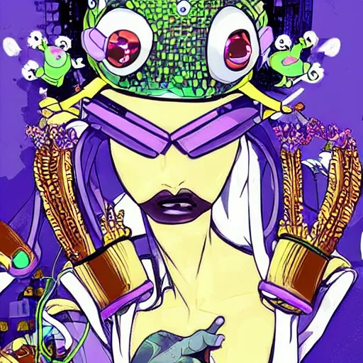 Image similar to frog with Queen's crown anime cyberpunk hyperdetailed