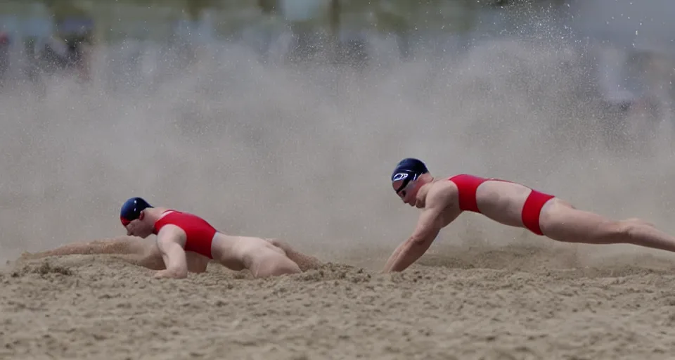 Image similar to olympic swimming in sand instead of water, extremely coherent, motion blur