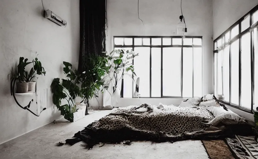 Image similar to saudi arabian bedroom interior, minimalism, punk, bed, neon, modernism, persian design, beige, black, wood, industrial, pipes, rust, little windows, plants, retro futurism, swedish design