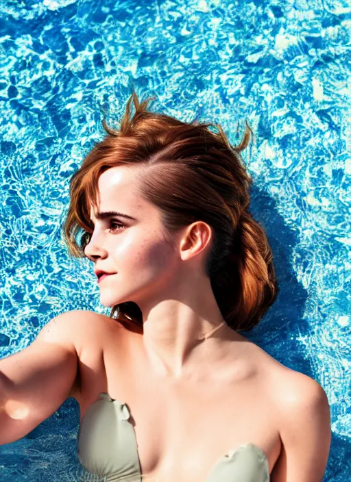 Image similar to Emma Watson for Victorian Secret, perfect face, hot summertime hippie, psychedelic swimsuit, home swimming pool, full length shot, XF IQ4, 150MP, 50mm, f/1.4, ISO 200, 1/160s, natural light, Adobe Photoshop, Adobe Lightroom, DxO Photolab, Corel PaintShop Pro, rule of thirds, symmetrical balance, depth layering, polarizing filter, Sense of Depth, AI enhanced