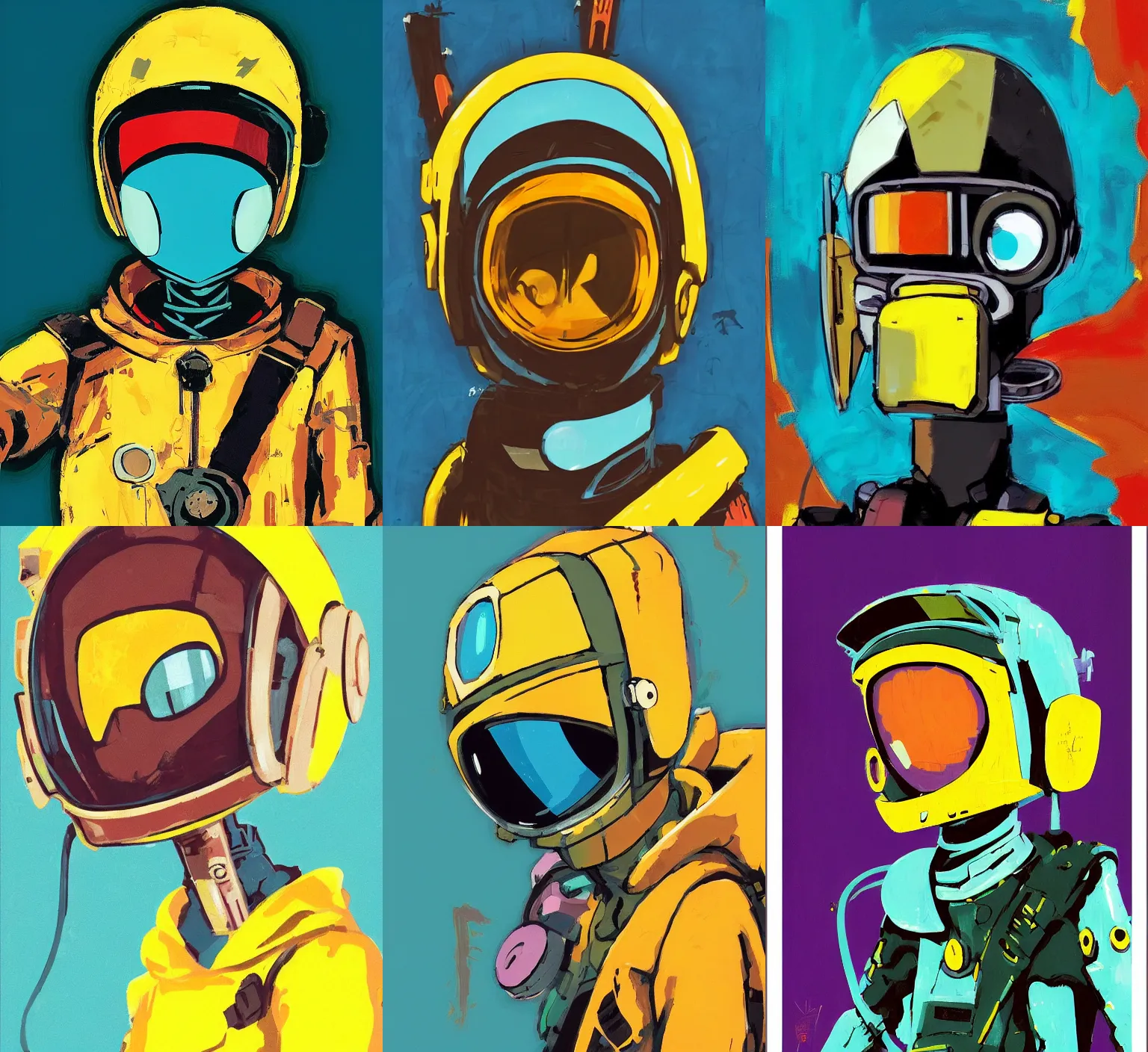 Prompt: highly detailed portrait canti from flcl ( 2 0 0 1 ) hoody, style of ashley wood, yoji shinkawa, jamie hewlett, 6 0's french movie poster, french impressionism, vivid colors, palette knife and brush strokes, gradient yellow, black, brown and cyan color scheme, grunge aesthetic