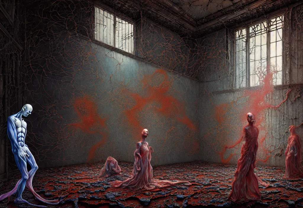 Prompt: realistic detailed photo rendered in octane 3d , of a little ghosts in a huge abandoned old haunted house, by Alex Grey, by Francis Bacon, by Ayami Kojima, Amano, Karol Bak, Greg Hildebrandt, and Mark Brooks , rich deep colors. Beksinski painting, art by Takato Yamamoto. masterpiece. rendered in blender, ultra realistic, smooth shading, ultra detailed, high resolution, cinematic, unreal 6