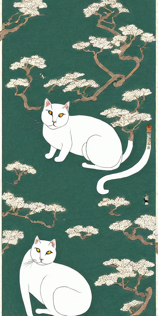 Image similar to white cat in center of an ancient japanese garden, in the style of victo ngai, animal portrait