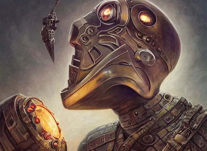 Image similar to rocket mf doom reptile eyes, metal rocketship skin. intricate, elegant, highly detailed, centered, digital painting, artstation, concept art, smooth, sharp focus, illustration, artgerm, tomasz alen kopera, peter mohrbacher, donato giancola, joseph christian leyendecker, wlop, frank frazetta