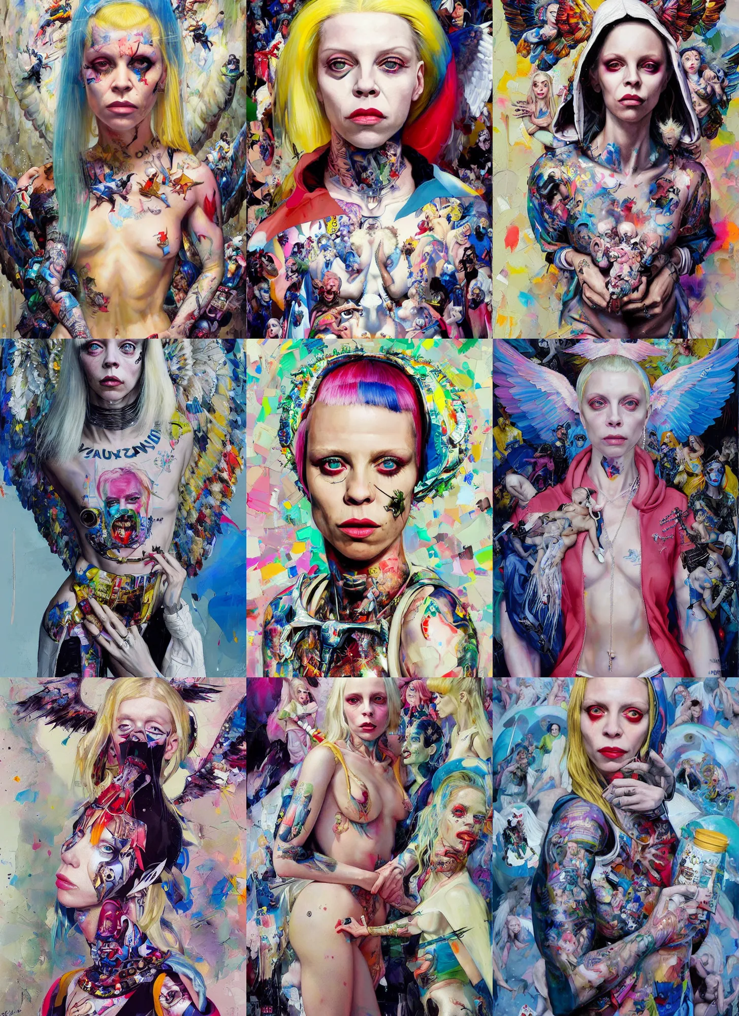 Prompt: yolandi visser in the style of martine johanna and donato giancola, wearing hoodie, madonna surrounded by angels, street fashion,!! haute couture!!, full figure painting by john berkey, david choe, ismail inceoglu, gorgeous features, detailed impasto brushwork