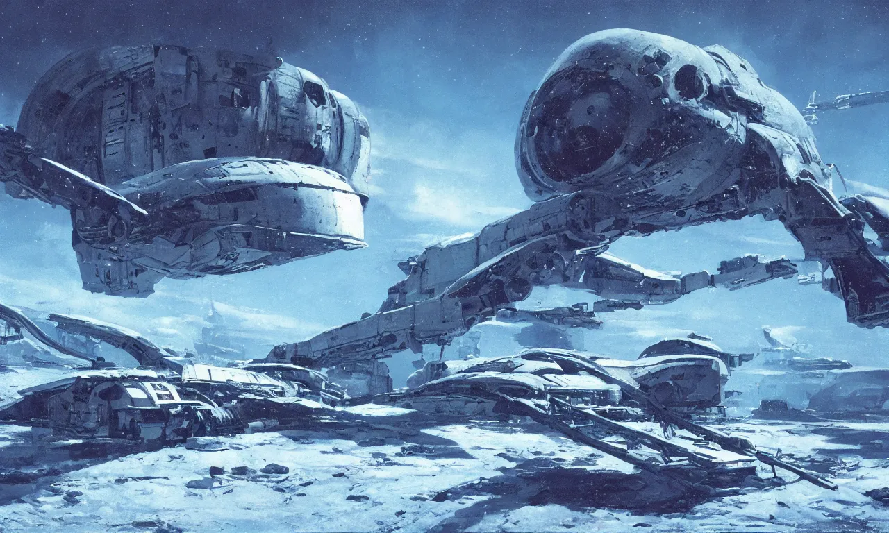 Prompt: remains of a derelict spaceship covered in snow on a frozen alien world, science-fiction, cinematic lighting, cinematic angle, Syd Mead, Federico Pelat, daylight, blue sky, spaceship in the sky