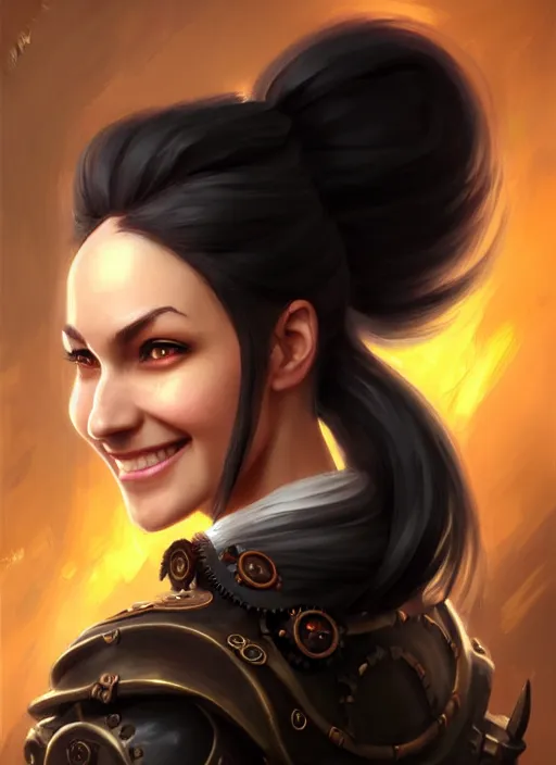 Image similar to a _ fantasy _ style _ portrait _ painting _ of woman, ponytail black hair, smile, round face, steampunk rpg dnd oil _ painting _ unreal _ 5 _ daz. _ rpg _ portrait _ extremely _ detailed _ artgerm _ greg _ rutkowski _ greg