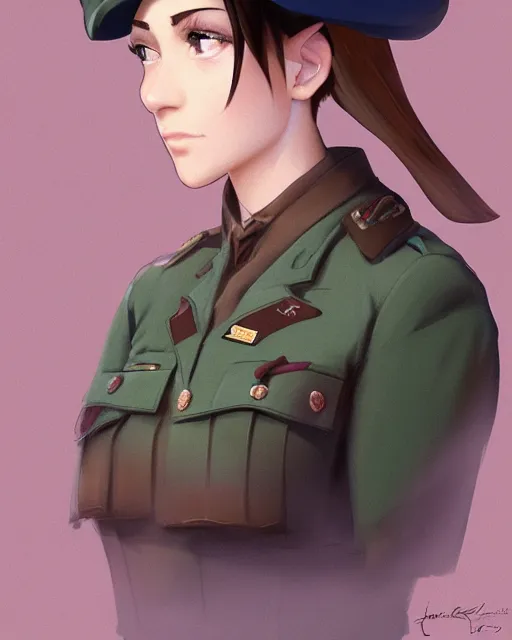 Prompt: portrait bust of young woman with shoulder length light brown hair and hazel eyes dressed in a sharp dark teal military uniform and beret, anime, ilya kuvshinov, greg rutkowski, ross tran, concept art, digital painting